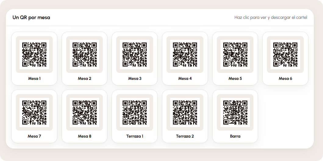 Un QR por mesa, listo para imprimir